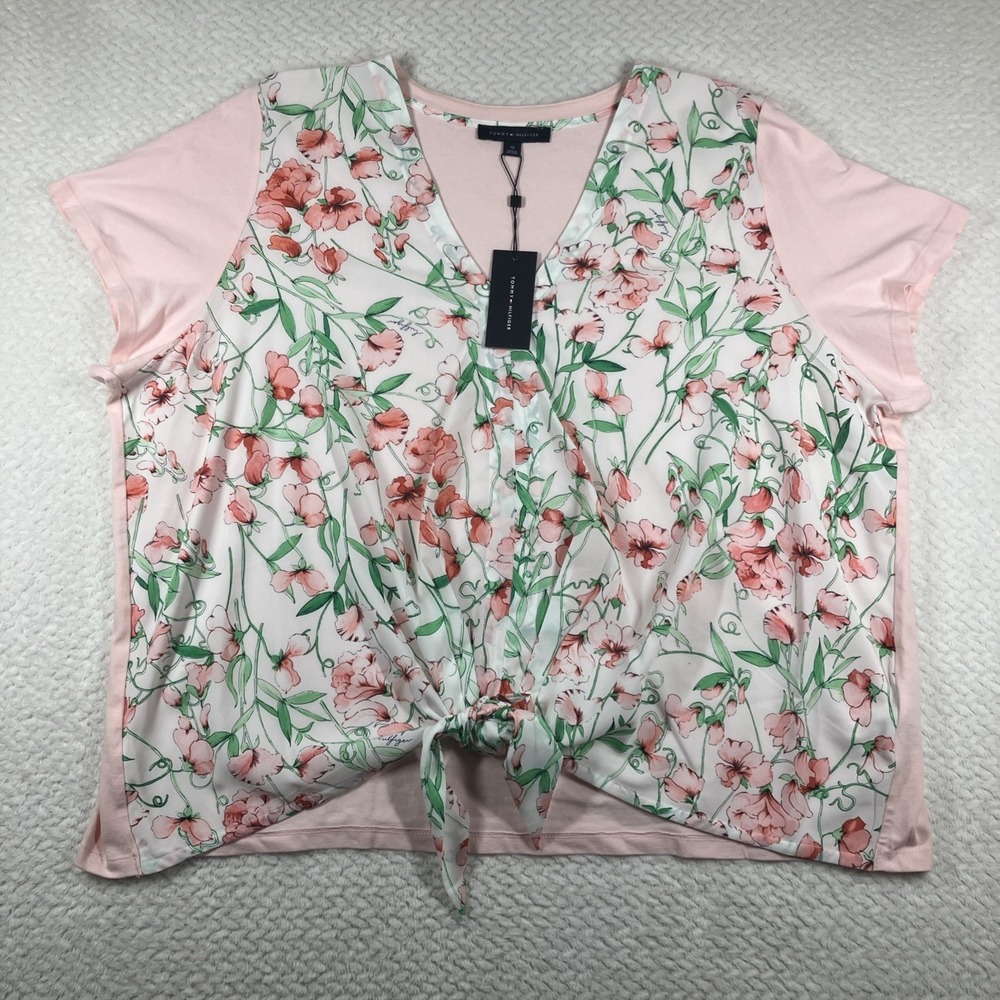NWT Women's Tommy‎ Hilfiger Floral Blouse Short Sleeve 3X Front Tie MSRP $59